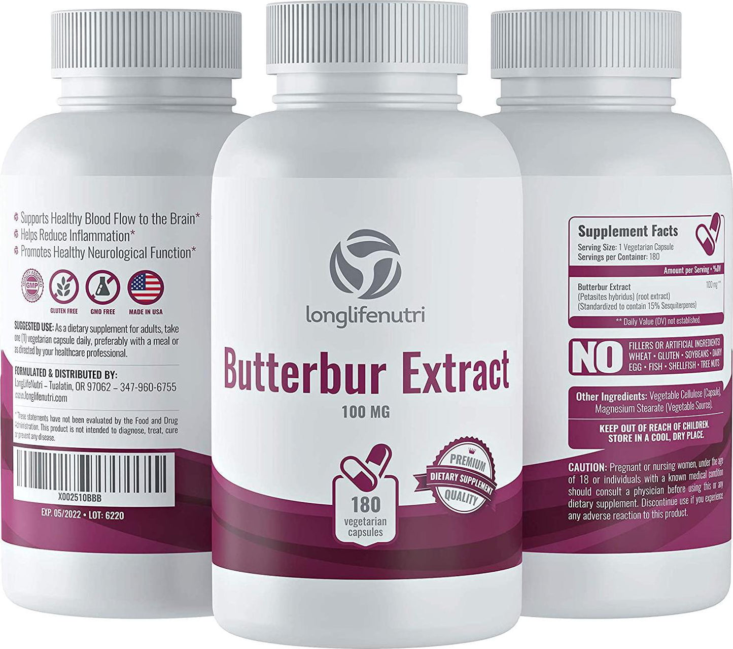 Butterbur Extract 100mg 180 Vegetarian Capsules | Made in USA | Natural Headache Supplement | Migraine and Allergy Relief | Supports Healthy Bladder and Inflammation | 100 mg Pure Powder Pill Formula