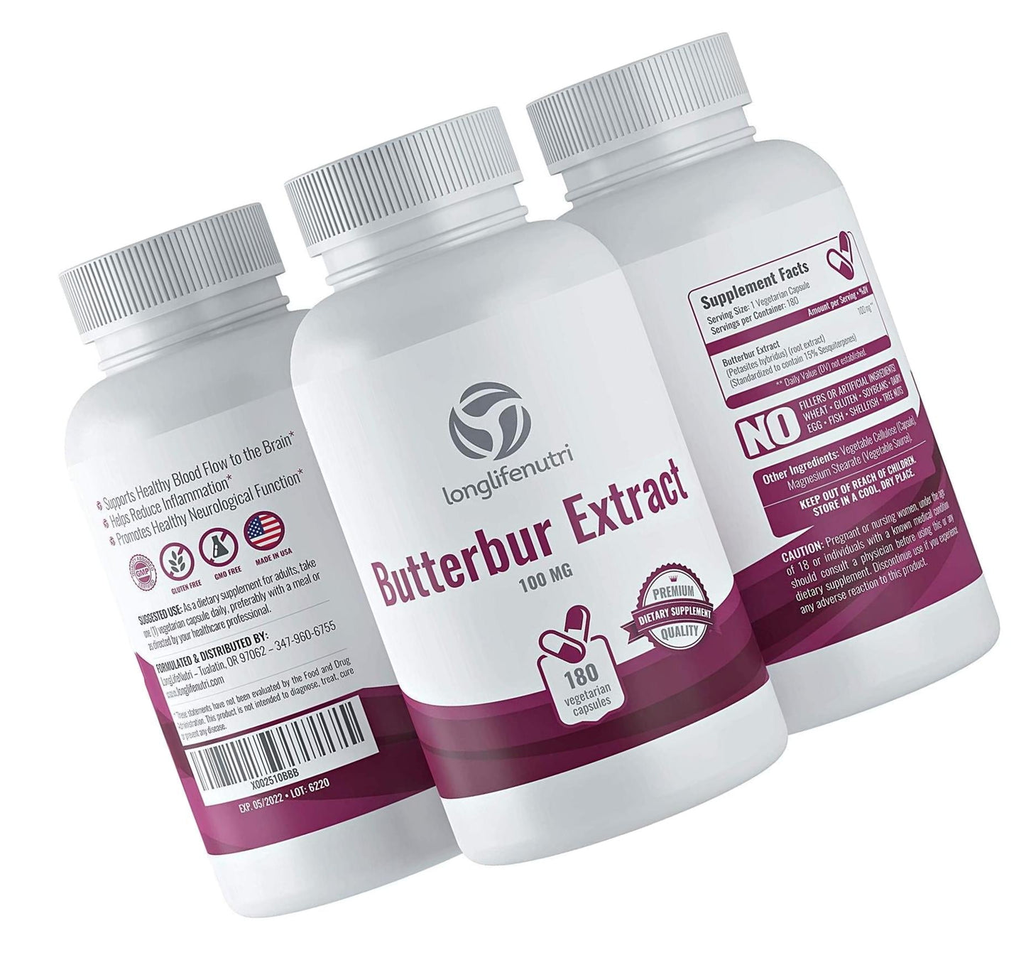 Butterbur Extract 100mg 180 Vegetarian Capsules | Made in USA | Natural Headache Supplement | Migraine and Allergy Relief | Supports Healthy Bladder and Inflammation | 100 mg Pure Powder Pill Formula