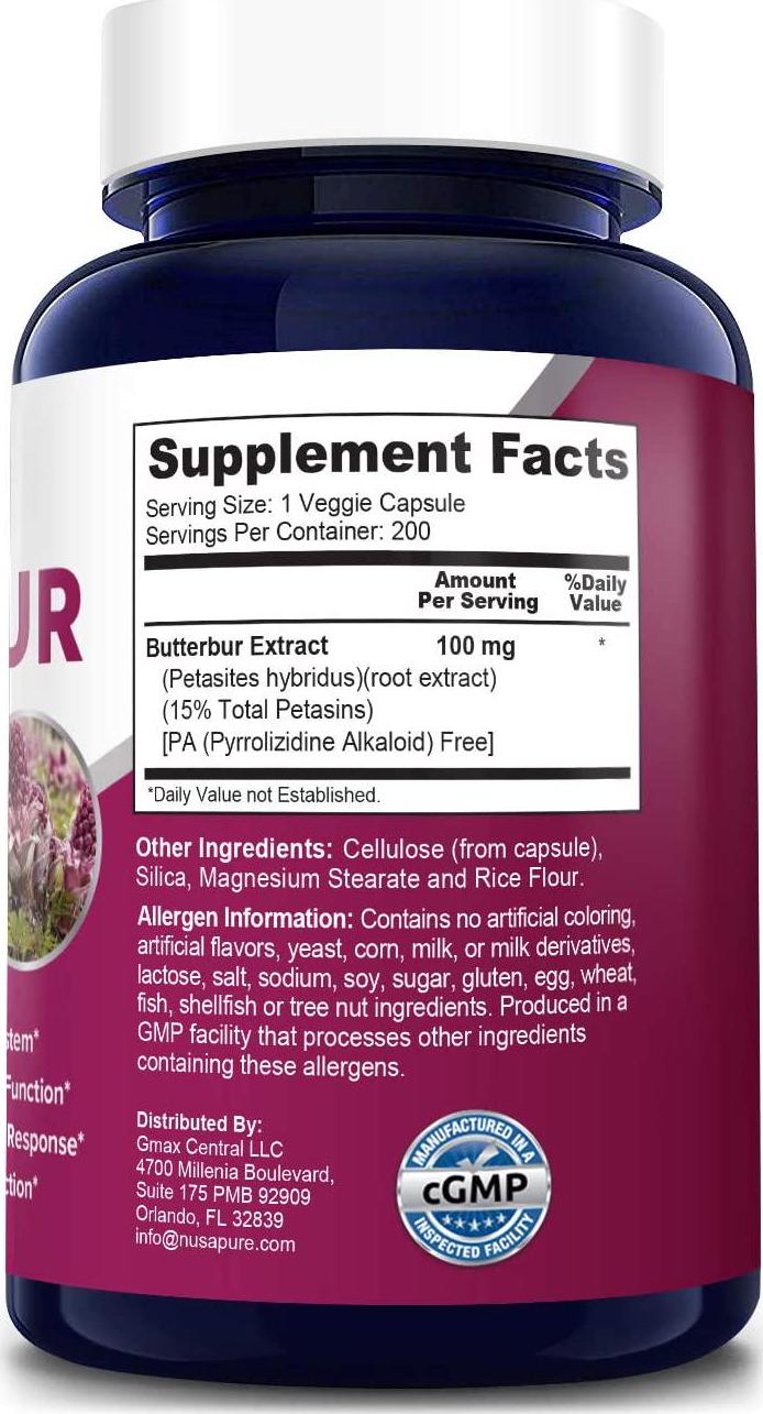 Butterbur Extract 100mg 200 Veggie Caps (Non-GMO, Vegetarian and Gluten Free) - Headache and Migraine Relief, Reduces Inflammation, Relieves Cold, Spasms and Pains