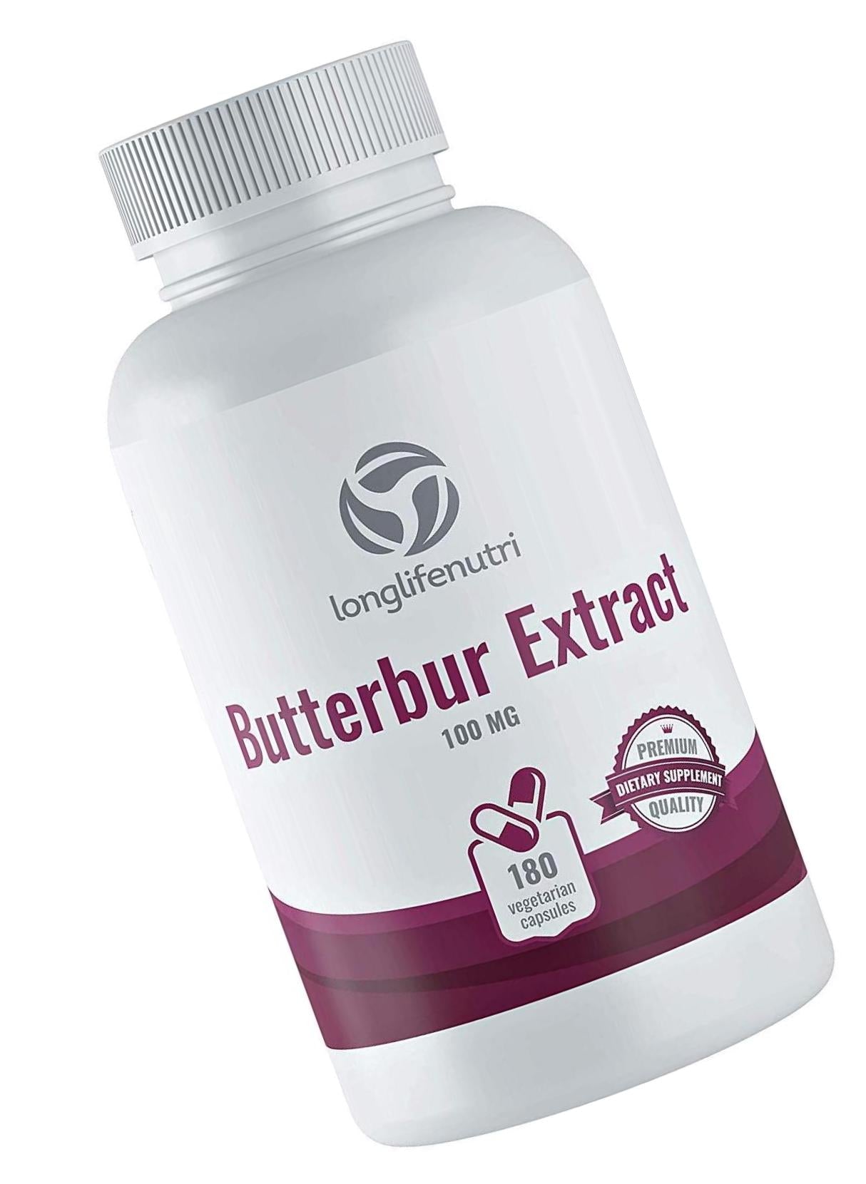 Butterbur Extract 100mg 180 Vegetarian Capsules | Made in USA | Natural Headache Supplement | Migraine and Allergy Relief | Supports Healthy Bladder and Inflammation | 100 mg Pure Powder Pill Formula