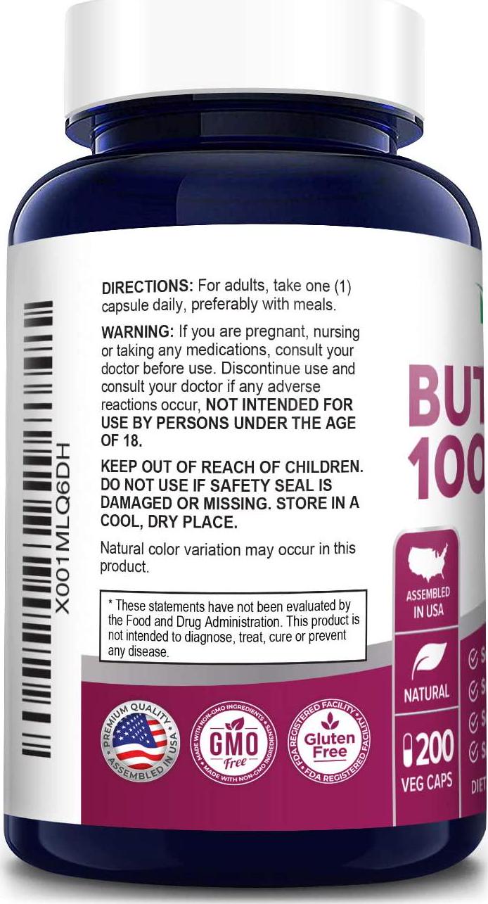 Butterbur Extract 100mg 200 Veggie Caps (Non-GMO, Vegetarian and Gluten Free) - Headache and Migraine Relief, Reduces Inflammation, Relieves Cold, Spasms and Pains