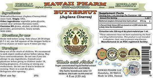 Butternut Alcohol-Free Liquid Extract, Butternut (Juglans Cinerea) Dried Inner Bark Glycerite Hawaii Pharm Natural Herbal Supplement 2 oz
