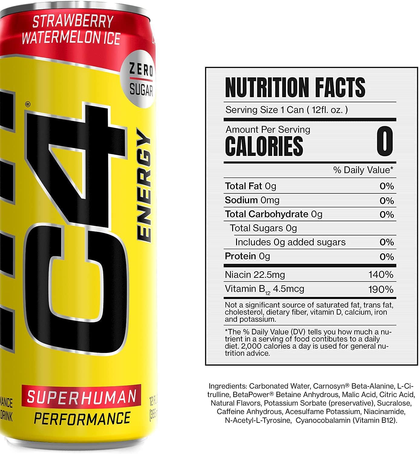C4 Energy Drink 12oz (Pack of 12) - Strawberry Watermelon Ice - Sugar Free Pre Workout Performance Drink with No Artificial Colors or Dyes