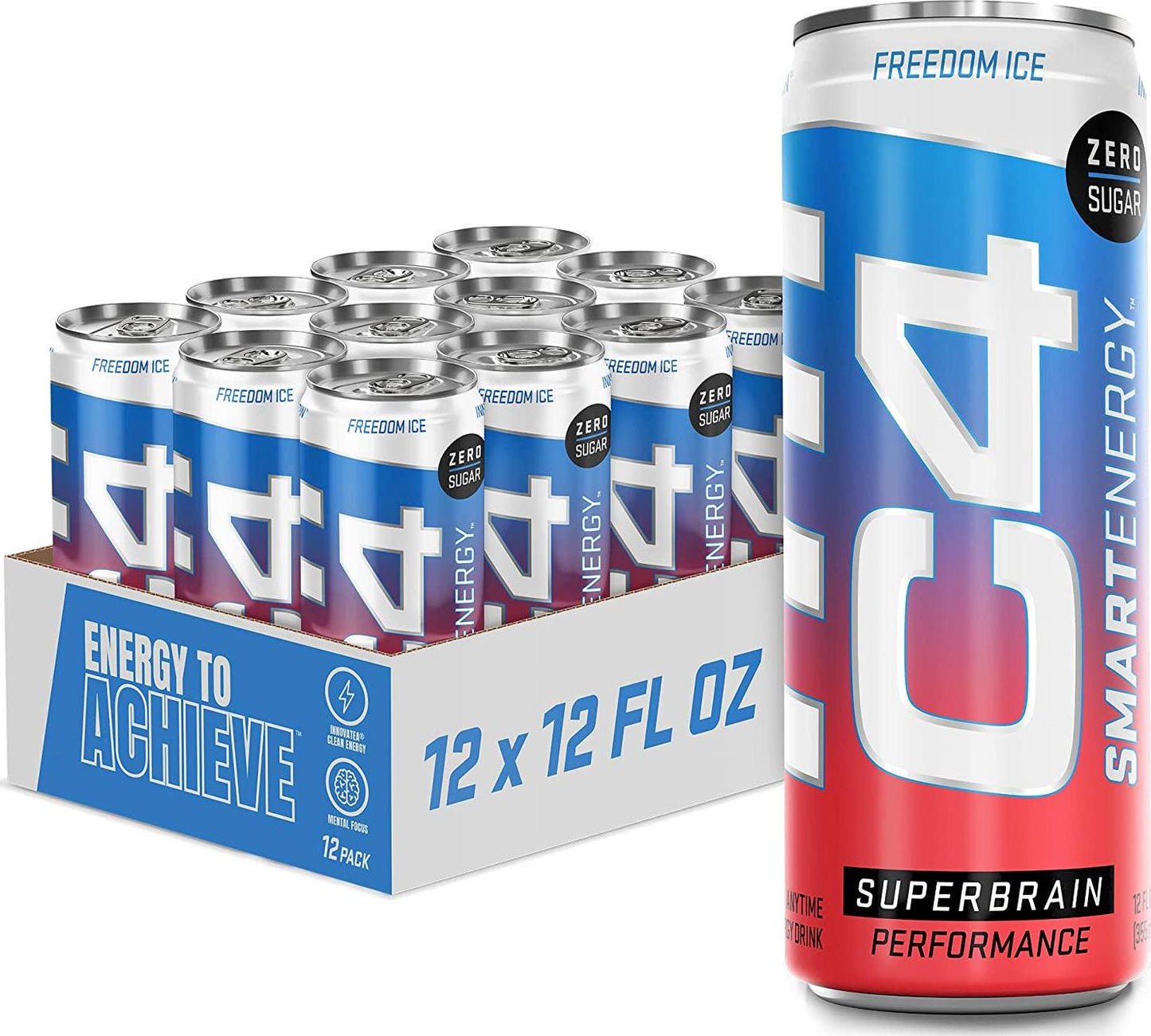 C4 Smart Energy Drink - Sugar Free Performance Fuel and Nootropic Brain Booster, Coffee Substitute or Alternative | Freedom Ice 12 Oz - 12 Pack