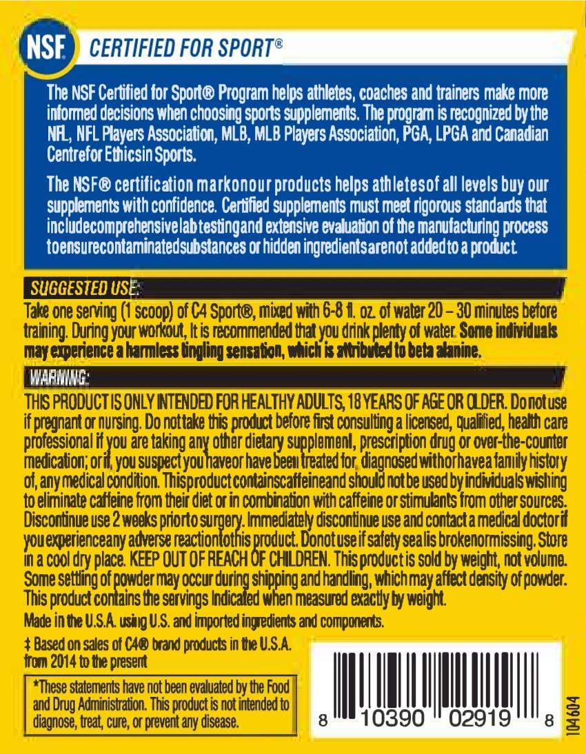 C4 Sport Pre Workout Powder Blue Raspberry - Pre Workout Energy with 3g Creatine Monohydrate + 135mg Caffeine and Beta-Alanine Performance Blend - NSF Certified for Sport | 30 Servings