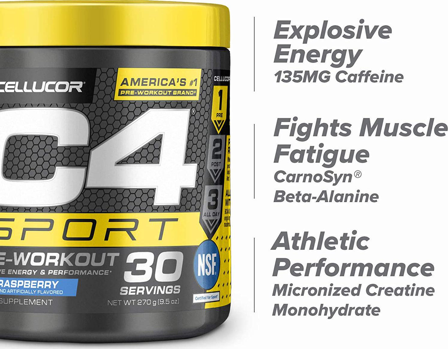 C4 Sport Pre Workout Powder Blue Raspberry - Pre Workout Energy with 3g Creatine Monohydrate + 135mg Caffeine and Beta-Alanine Performance Blend - NSF Certified for Sport | 30 Servings