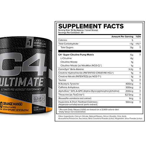 C4 Ultimate Pre Workout Powder Orange Mango - Sugar Free Preworkout Energy Supplement for Men and Women - 300mg Caffeine + 3.2g Beta Alanine + 2 Patented Creatines - 20 Servings