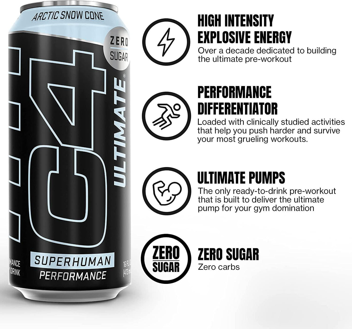 C4 Ultimate Sugar Free Energy Drink 16oz (Pack of 12) | Arctic Snow Cone | Pre Workout Performance Drink with No Artificial Colors or Dyes