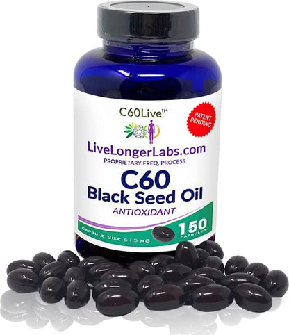 C60live - Carbon 60 (Fullerene) with Black Seed Oil - Antioxidant Supplement - for Blood Pressure, Cholesterol, Anti-Inflammatory, and Liver Support - All Natural Ingredients - 150 Gel Capsules