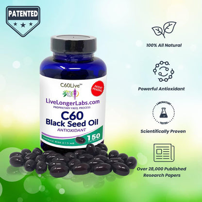 C60live - Carbon 60 (Fullerene) with Black Seed Oil - Antioxidant Supplement - for Blood Pressure, Cholesterol, Anti-Inflammatory, and Liver Support - All Natural Ingredients - 150 Gel Capsules