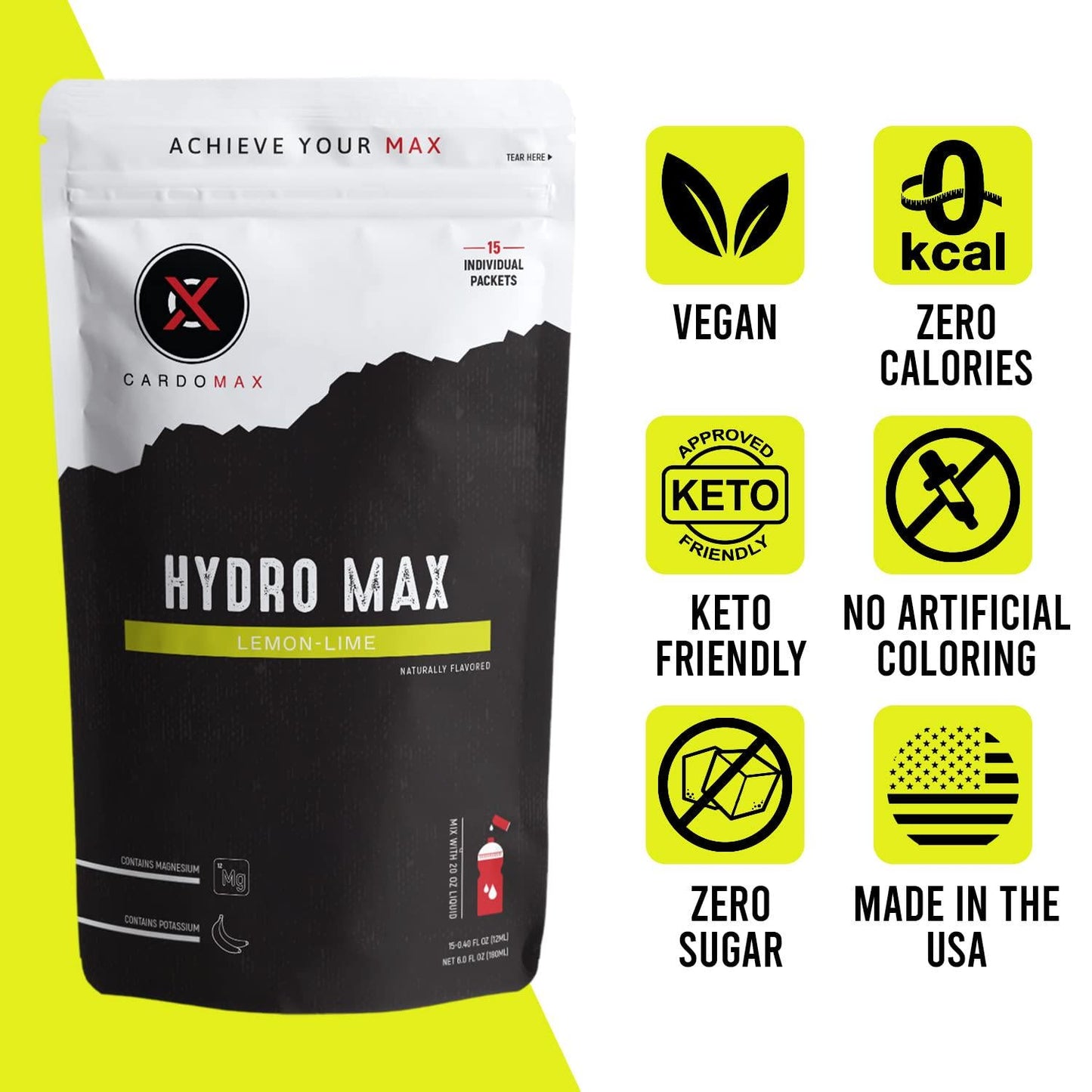CARDOMAX Hydro Max Liquid Hydration Supplement with Electrolytes, Liquid Water Flavoring Mix, Zero Calories, Sugar-Free, Keto-Friendly - 15 Single Serve Drink Mix Packet Sticks - Lemon Lime Flavor