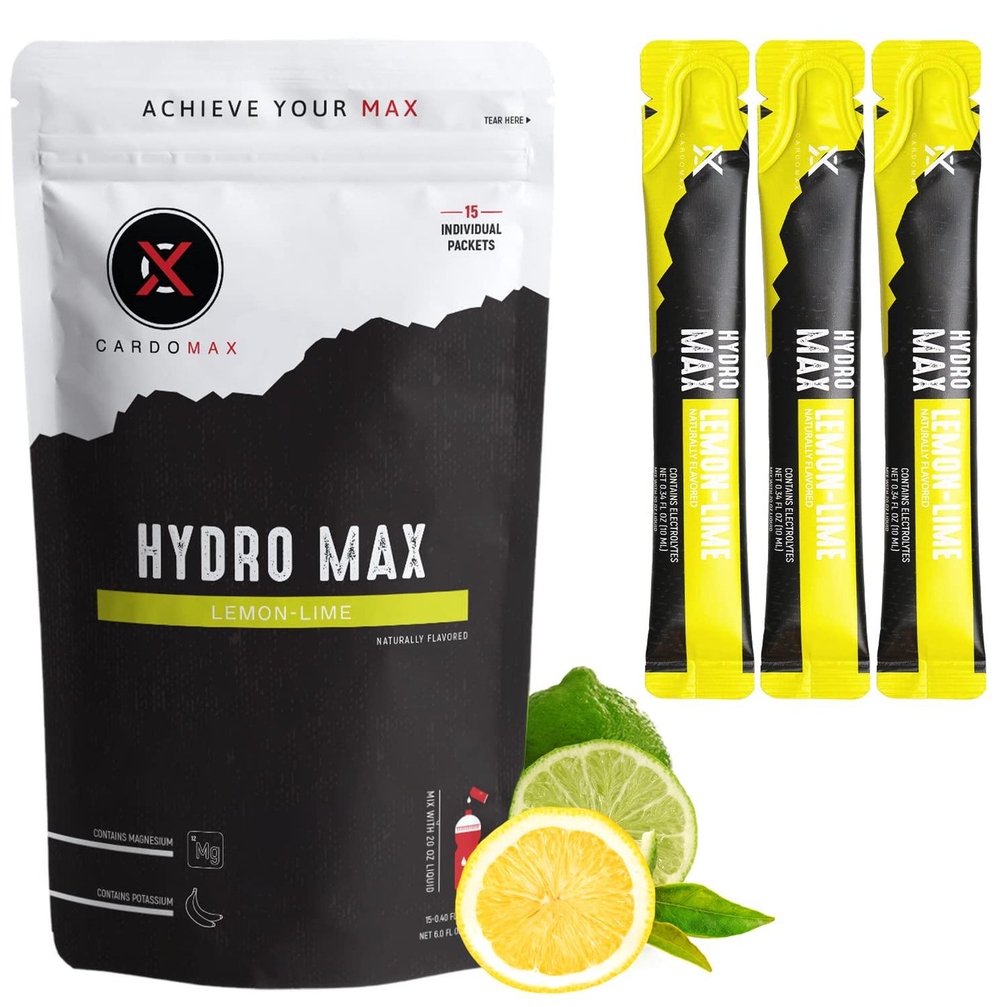 CARDOMAX Hydro Max Liquid Hydration Supplement with Electrolytes, Liquid Water Flavoring Mix, Zero Calories, Sugar-Free, Keto-Friendly - 15 Single Serve Drink Mix Packet Sticks - Lemon Lime Flavor