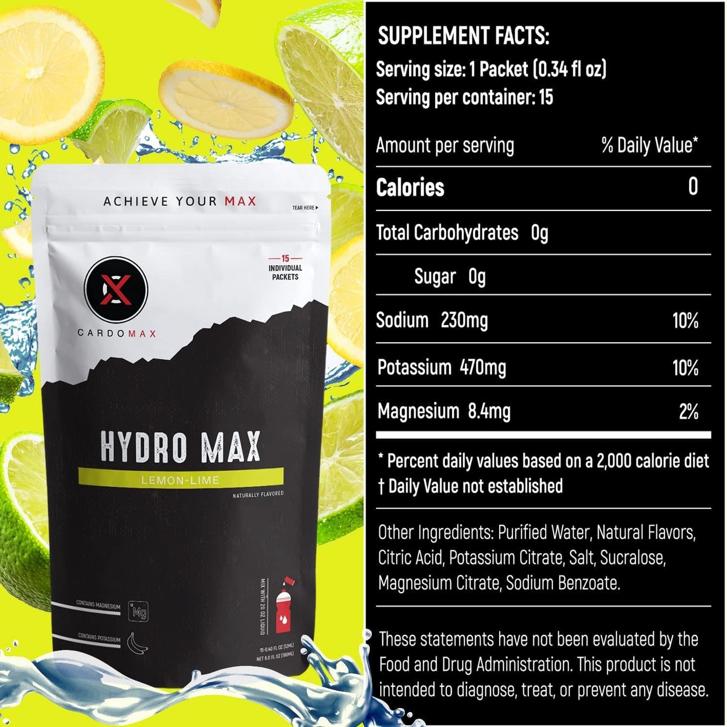 CARDOMAX Hydro Max Liquid Hydration Supplement with Electrolytes, Liquid Water Flavoring Mix, Zero Calories, Sugar-Free, Keto-Friendly - 15 Single Serve Drink Mix Packet Sticks - Lemon Lime Flavor