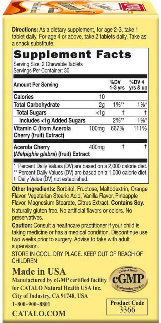 CATALO Children&#039;s Vitamin C Formula, Immunity Support with 100mg Vitamin C from Acerola Cherry Extract, 60 Chewable Orange and Pineapple Flavor Tablets