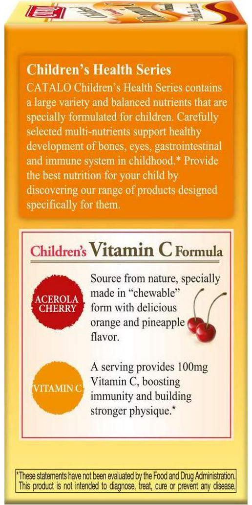 CATALO Children&#039;s Vitamin C Formula, Immunity Support with 100mg Vitamin C from Acerola Cherry Extract, 60 Chewable Orange and Pineapple Flavor Tablets