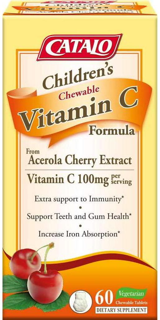 CATALO Children&#039;s Vitamin C Formula, Immunity Support with 100mg Vitamin C from Acerola Cherry Extract, 60 Chewable Orange and Pineapple Flavor Tablets