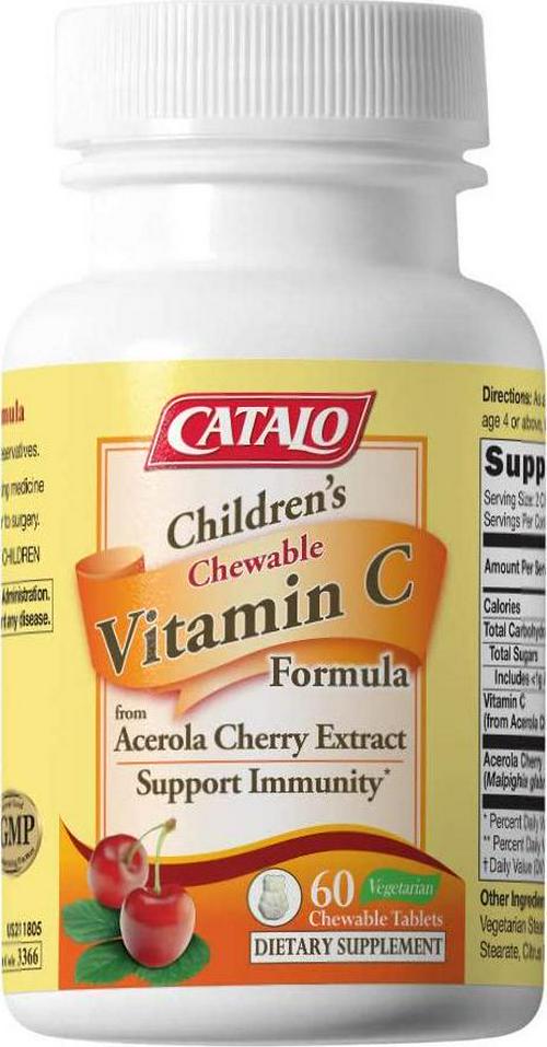CATALO Children&#039;s Vitamin C Formula, Immunity Support with 100mg Vitamin C from Acerola Cherry Extract, 60 Chewable Orange and Pineapple Flavor Tablets