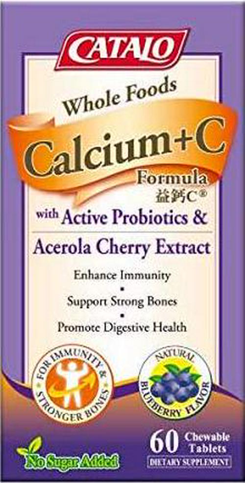 CATALO Whole Foods Calcium+C Formula (with Active Probiotics and Acerola Cherry Extract) 60 Chewable Tablets