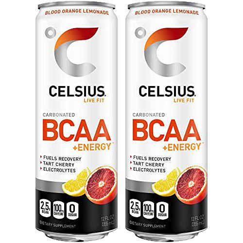 CELSIUS BCAA +Energy Sparkling Post-Workout Recovery and Hydration Drink, Slim Can, Blood Orange Lemonade, 2 Packs of 12 Cans