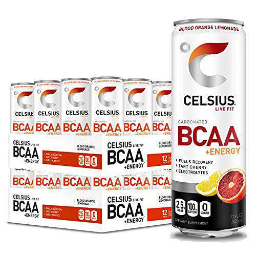 CELSIUS BCAA +Energy Sparkling Post-Workout Recovery and Hydration Drink, Slim Can, Blood Orange Lemonade, 2 Packs of 12 Cans