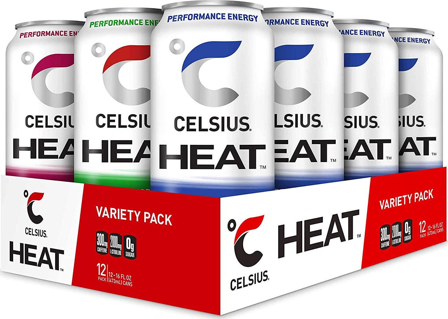 CELSIUS HEAT Performance Energy Drink 3-Flavor Variety Pack #1, ZERO Sugar, 16oz. Can, 12 Pack