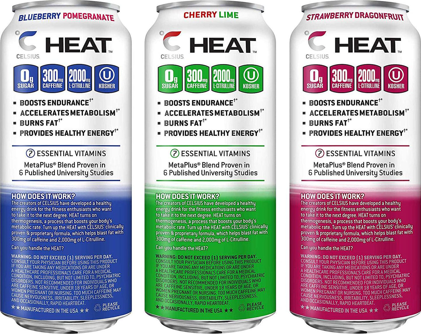 CELSIUS HEAT Performance Energy Drink 3-Flavor Variety Pack #1, ZERO Sugar, 16oz. Can, 12 Pack
