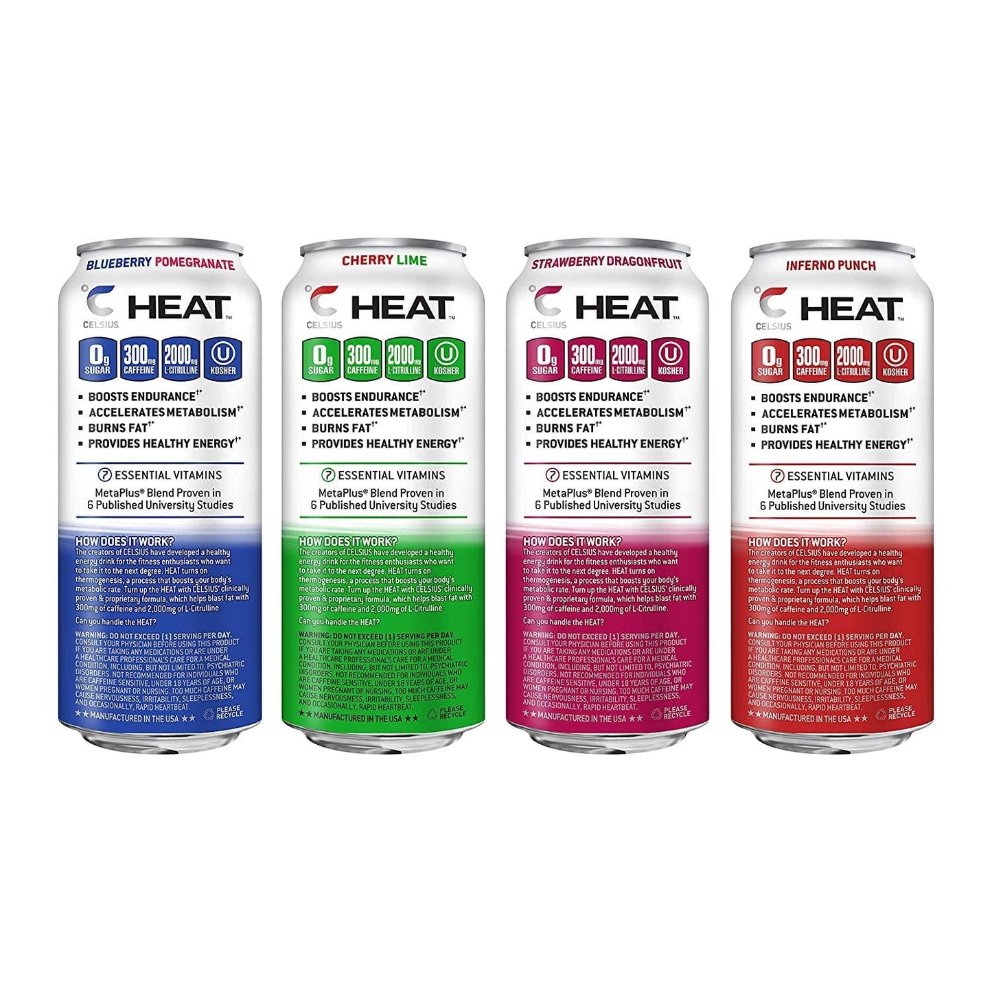 CELSIUS HEAT Performance Energy Drink 4-Flavor Variety Pack, ZERO Sugar, 16oz. Can, 12 Pack