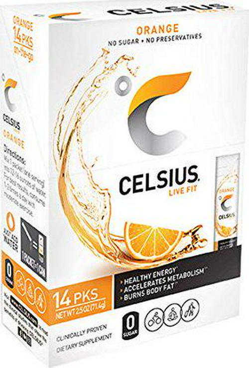 CELSIUS Orange On-the-Go Powder Stick Packs, Pack of 14