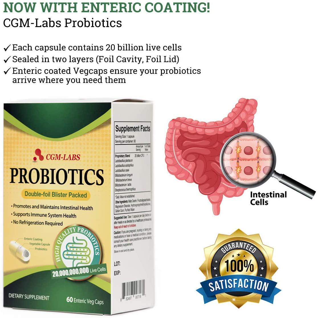 CGM-LABS Probiotics, 20 Billion Live Cells, Premium Enteric Coated Veg Caps for Women, Men