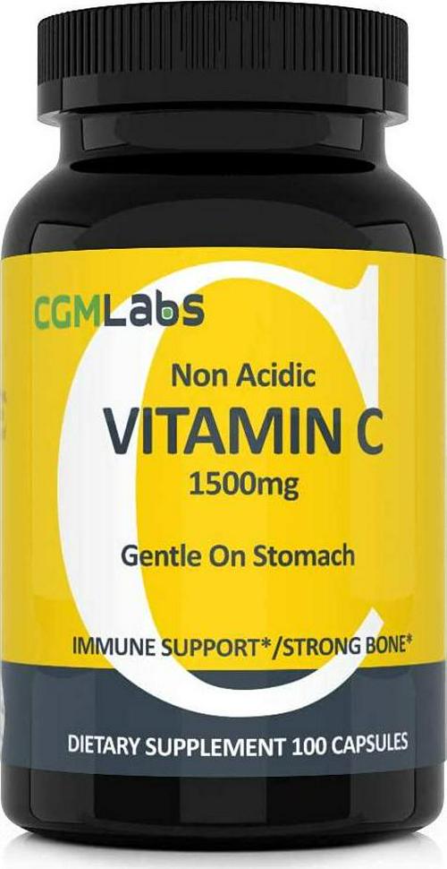 CGM Labs- Non Acidic Vitamin C 1500mg with Calcium. Gentle on Stomach, Immune/Bone Support- 100 Caps