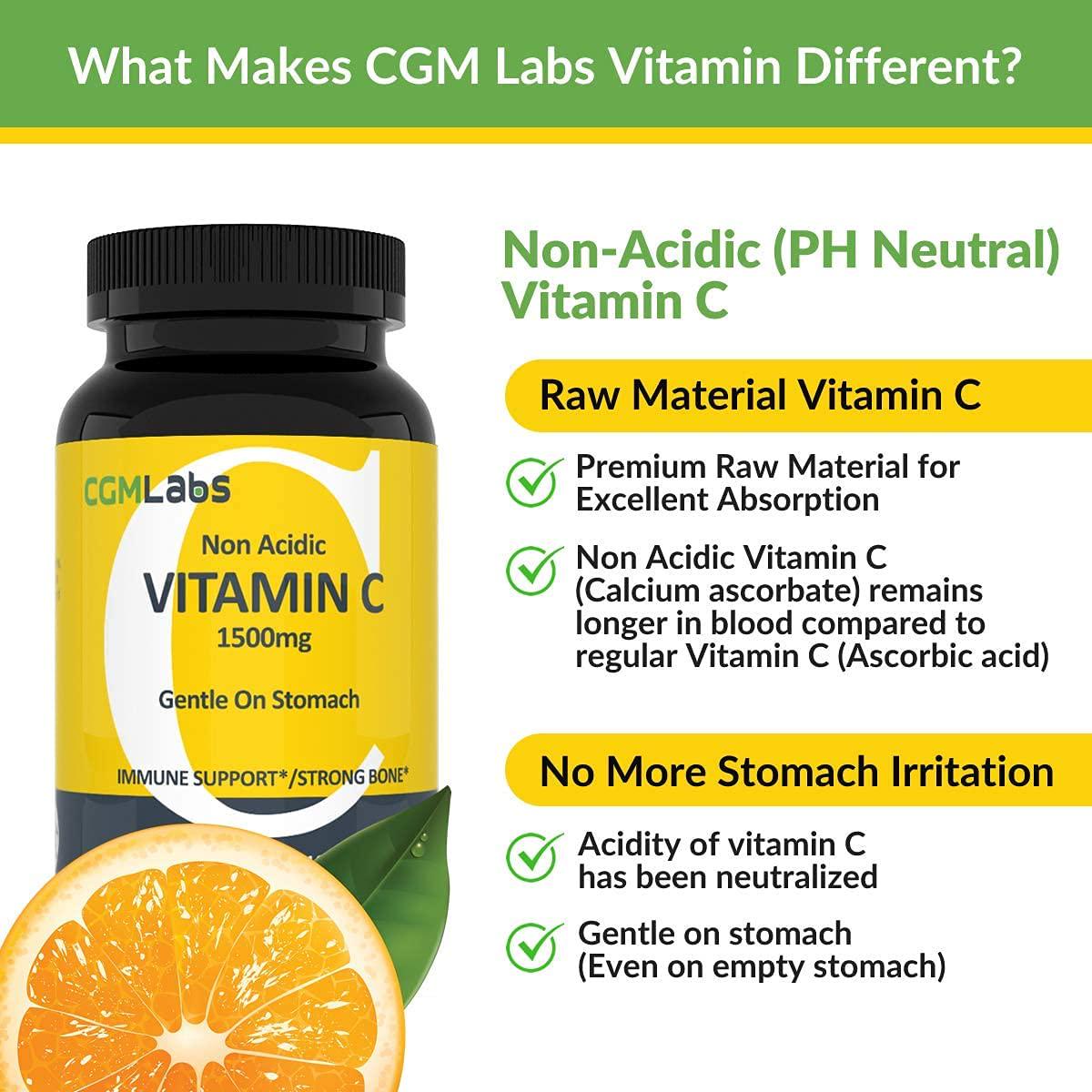 CGM Labs- Non Acidic Vitamin C 1500mg with Calcium. Gentle on Stomach, Immune/Bone Support- 100 Caps
