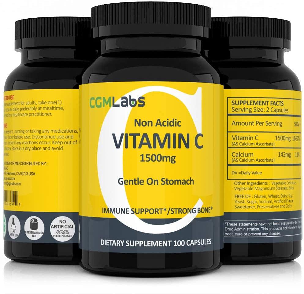 CGM Labs- Non Acidic Vitamin C 1500mg with Calcium. Gentle on Stomach, Immune/Bone Support- 100 Caps