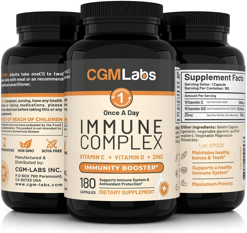 CGM Labs - Once A Day Immune Complex - Vitamin C 900mg, Vitamin D3 2500IU, Zinc 25mg in Single Serving - 180 Capsules