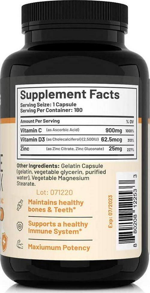 CGM Labs - Once A Day Immune Complex - Vitamin C 900mg, Vitamin D3 2500IU, Zinc 25mg in Single Serving - 180 Capsules