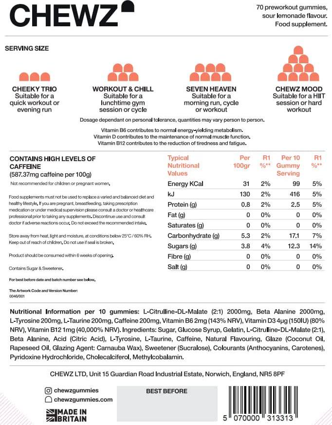 CHEWZ Pre Workout Gummies - Sour Lemonade | Beta Alanine | Caffeine | L-Citrulline | L-Tyrosine | Vitamin B | Vitamin D | Pre-Workout | 70 Gummies Per Pack - 14+ Servings