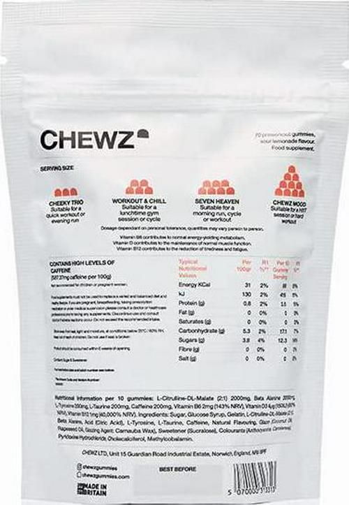 CHEWZ Pre Workout Gummies - Sour Lemonade | Beta Alanine | Caffeine | L-Citrulline | L-Tyrosine | Vitamin B | Vitamin D | Pre-Workout | 70 Gummies Per Pack - 14+ Servings
