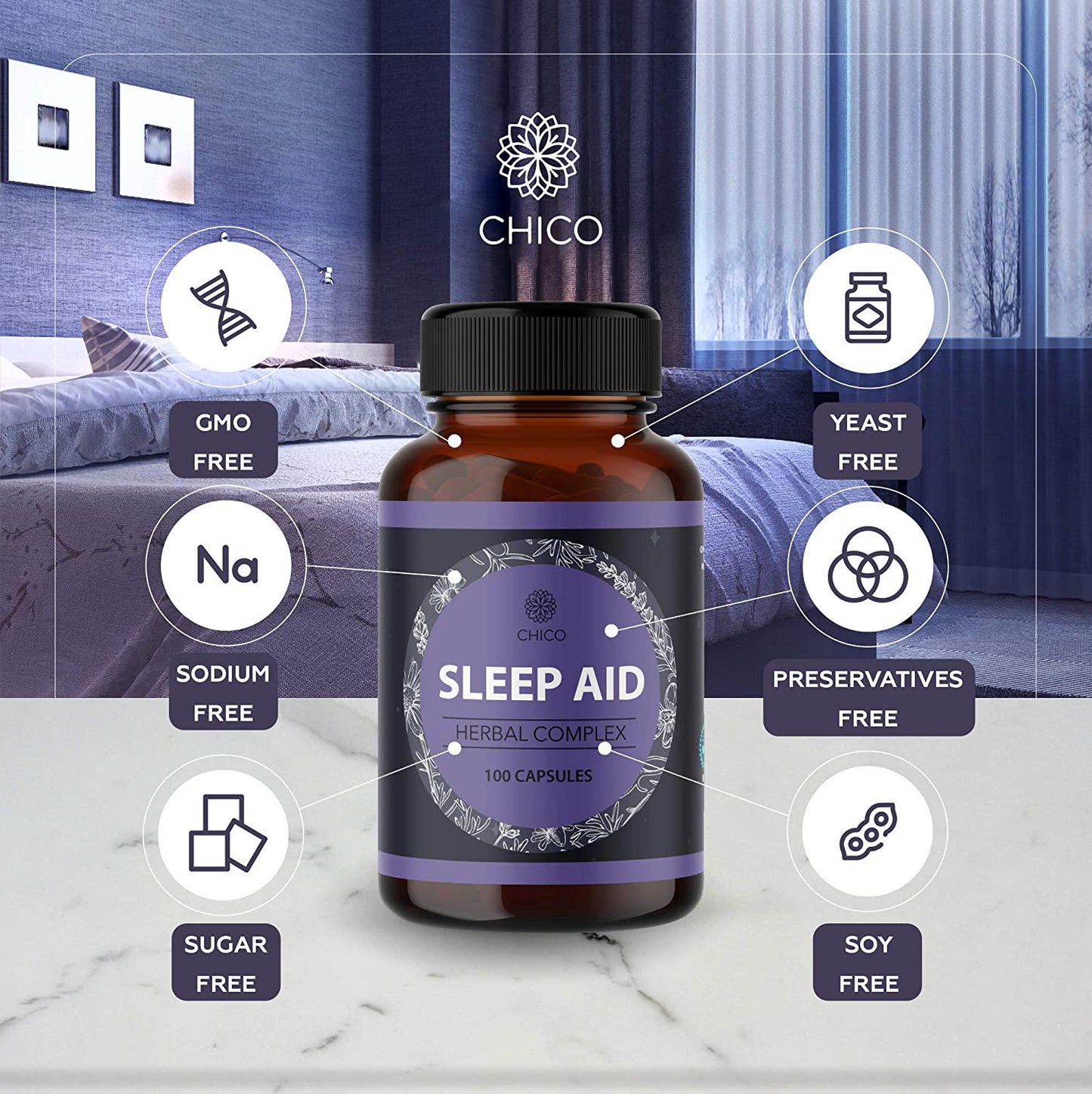 CHICO Sleep Aid Herbal Complex - Natural Supplement Formula with Lavender, Chamomile, Passionflower, Valerian Root - Promotes Deep and Restful Sleep, Calm Mood and Stress Relief - 100 Vegan Capsules