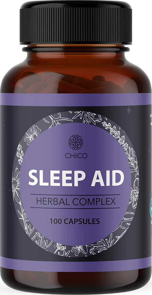 CHICO Sleep Aid Herbal Complex - Natural Supplement Formula with Lavender, Chamomile, Passionflower, Valerian Root - Promotes Deep and Restful Sleep, Calm Mood and Stress Relief - 100 Vegan Capsules