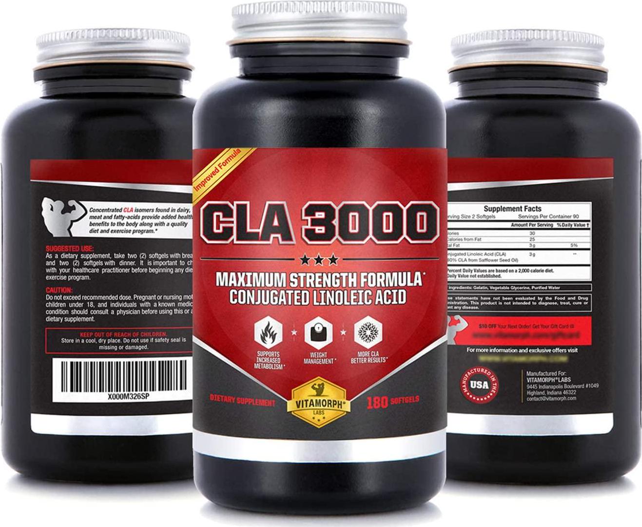 CLA 3000 - CLA Safflower Oil for Metabolism and Weight Loss Management, Maximum Strength Conjugated Linoleic Acid, Stimulant-Free Non-GMO Safflower Cla by Vitamorph Labs - 180 Softgels