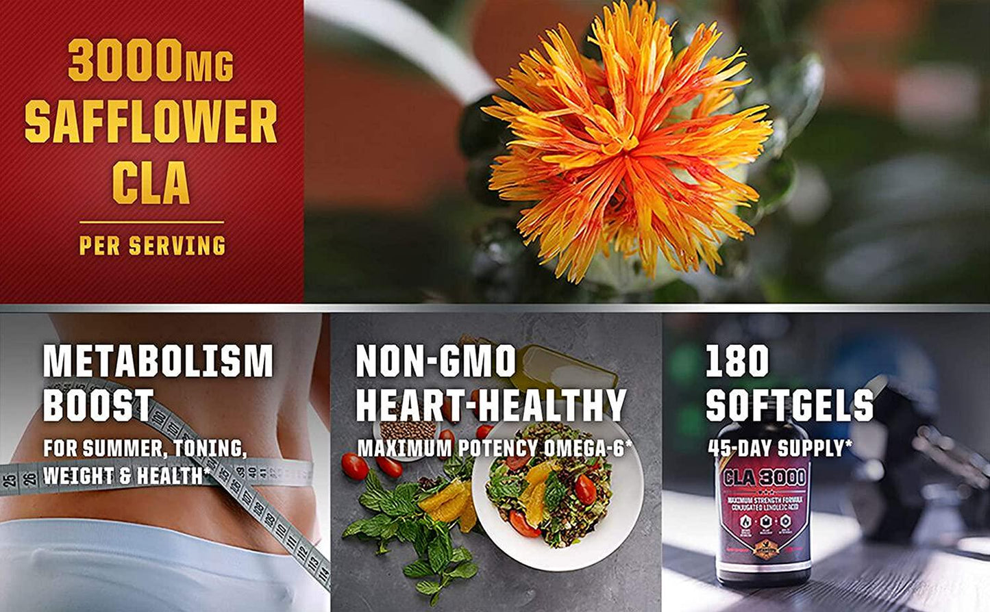 CLA 3000 - CLA Safflower Oil for Metabolism and Weight Loss Management, Maximum Strength Conjugated Linoleic Acid, Stimulant-Free Non-GMO Safflower Cla by Vitamorph Labs - 180 Softgels