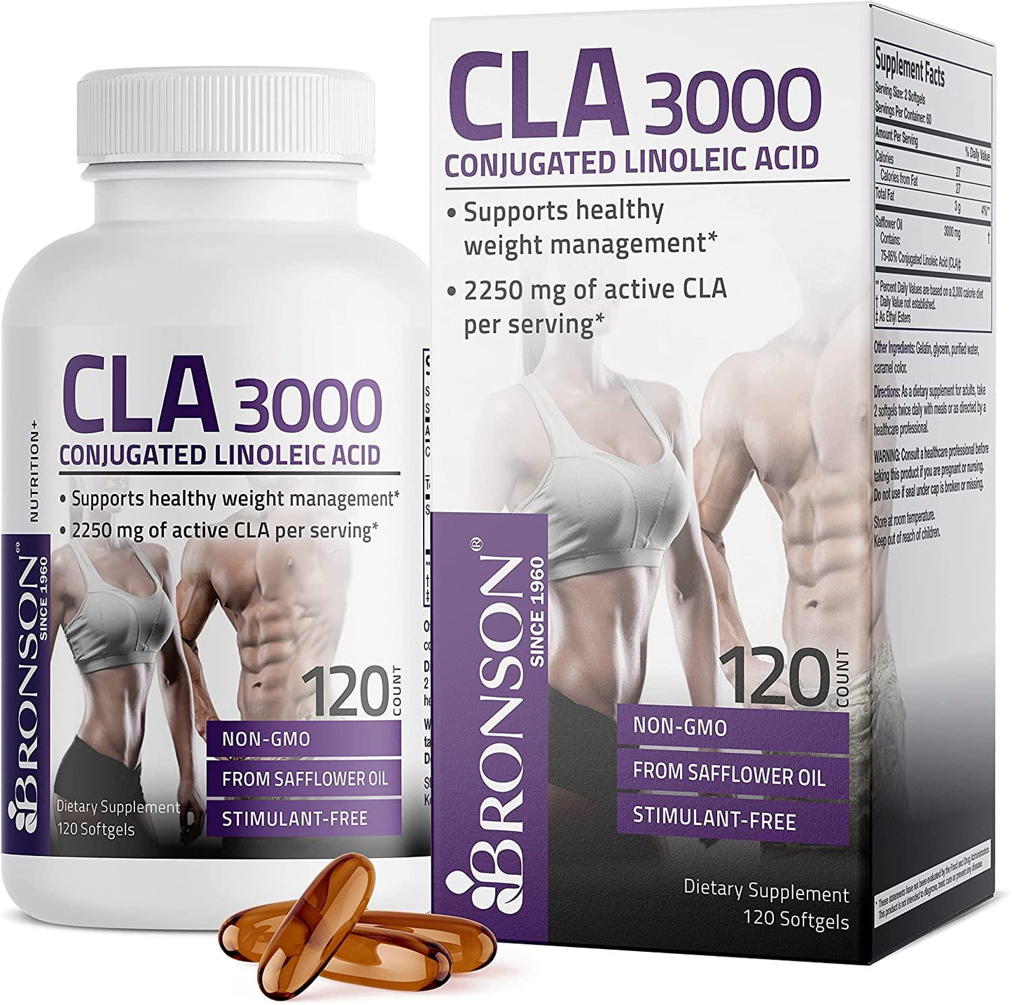 CLA 3000 Extra High Potency Naturally Supports Healthy Weight Management, Increase Lean Muscle Mass - Non-Stimulating Conjugated Linoleic Acid, Non GMO 100% Safflower Oil, 120 Softgels