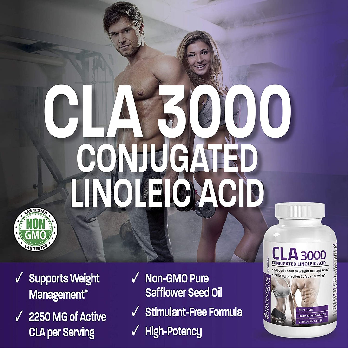 CLA 3000 Extra High Potency Naturally Supports Healthy Weight Management, Increase Lean Muscle Mass - Non-Stimulating Conjugated Linoleic Acid, Non GMO 100% Safflower Oil, 120 Softgels
