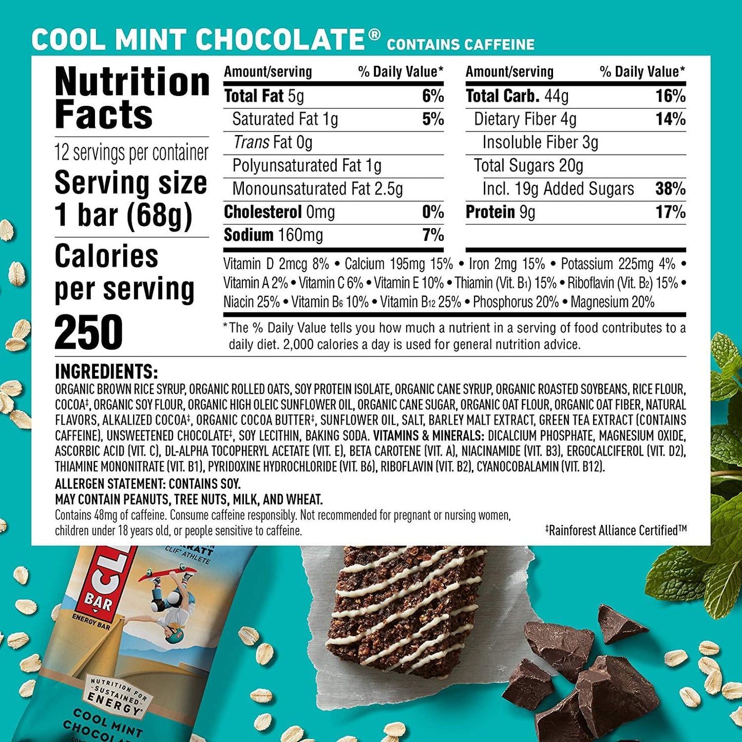 CLIF BARS - Energy Bars - Cool Mint Chocolate - With Caffeine - Made with Organic Oats - Plant Based Food - Vegetarian - Kosher (2.4 Ounce Protein Bars, 24 Count) Packaging May Vary