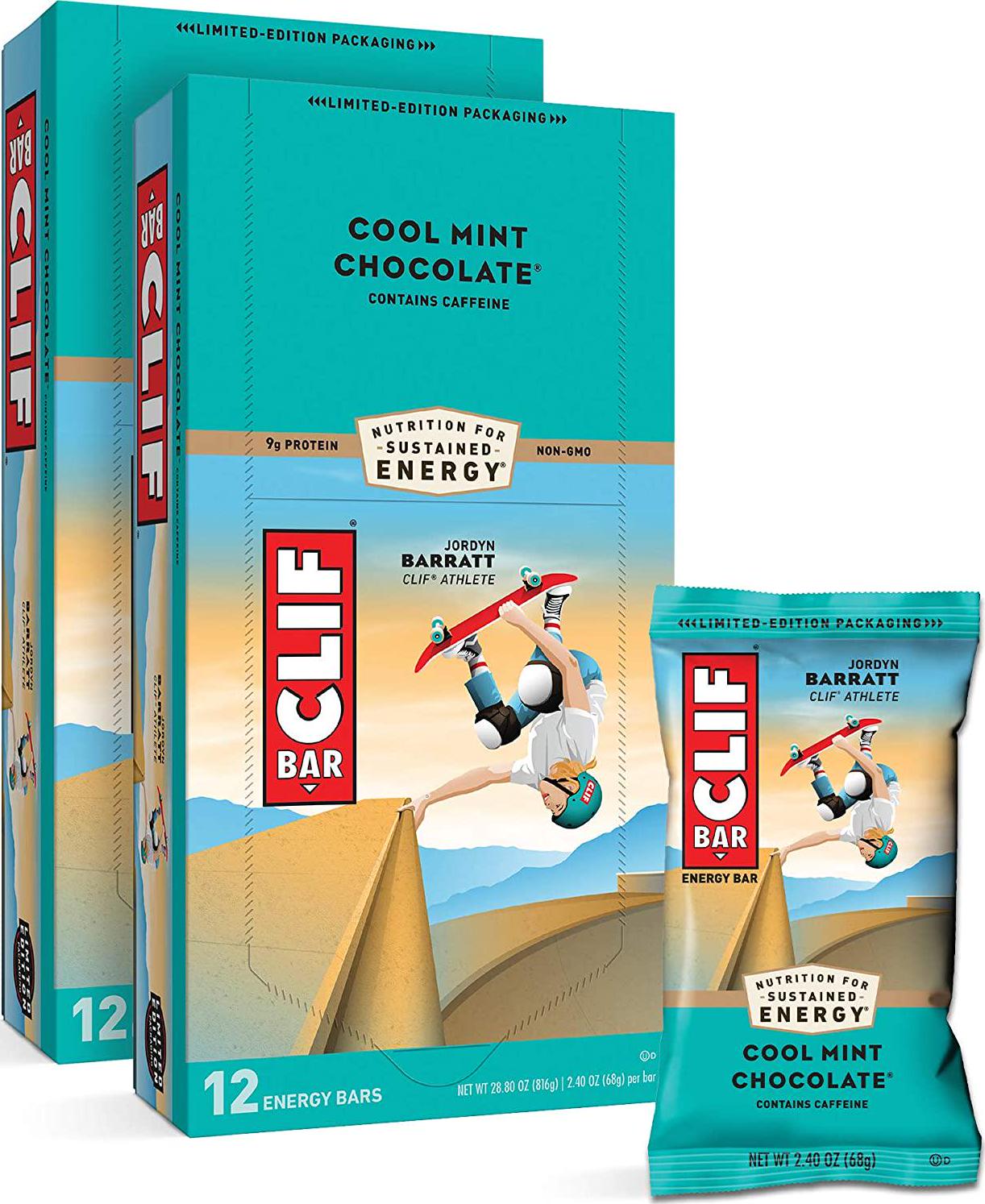 CLIF BARS - Energy Bars - Cool Mint Chocolate - With Caffeine - Made with Organic Oats - Plant Based Food - Vegetarian - Kosher (2.4 Ounce Protein Bars, 24 Count) Packaging May Vary