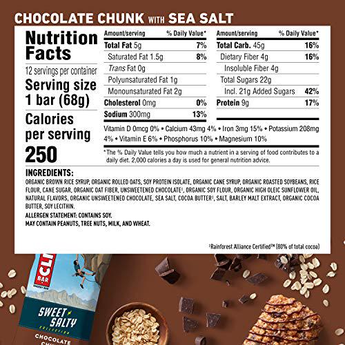 CLIF BARS - Sweet and Salty Energy Bars - Chocolate Chunk with Sea Salt - Made with Organic Oats - Plant Based Food - Vegetarian - Kosher (2.4 Ounce Protein Bars, 12 Count) Packaging May Vary