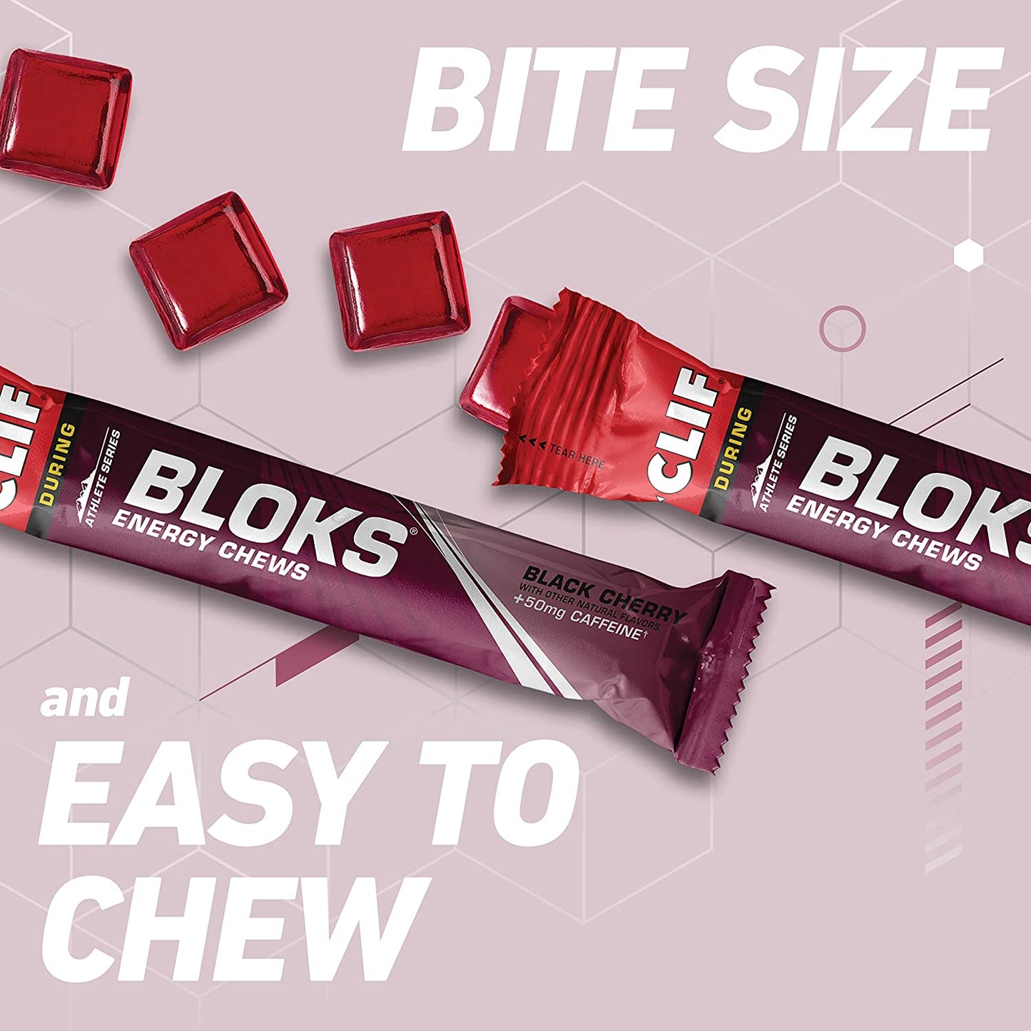 CLIF BLOKS Energy Chews - Black Cherry with 50mg Caffeine - Non-GMO - Plant Based Food - Fast Fuel for Cycling and Running-Workout Snack (2.1 Ounce Packet, 18 Count) - (Assortment May Vary)