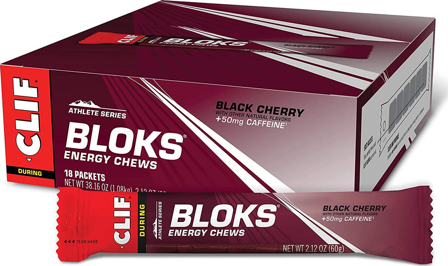 CLIF BLOKS Energy Chews - Black Cherry with 50mg Caffeine - Non-GMO - Plant Based Food - Fast Fuel for Cycling and Running-Workout Snack (2.1 Ounce Packet, 18 Count) - (Assortment May Vary)