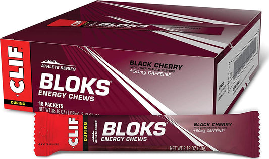 CLIF BLOKS Energy Chews - Black Cherry with 50mg Caffeine - Non-GMO - Plant Based Food - Fast Fuel for Cycling and Running-Workout Snack (2.1 Ounce Packet, 18 Count) - (Assortment May Vary)