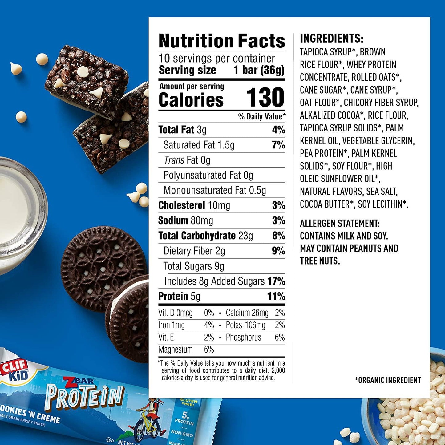 CLIF KID ZBAR - Protein Granola Bars - Cookies and Creme Flavor - Non-GMO - Organic -Lunch Box Snacks (1.27 Ounce Energy Bars, 10 Count)