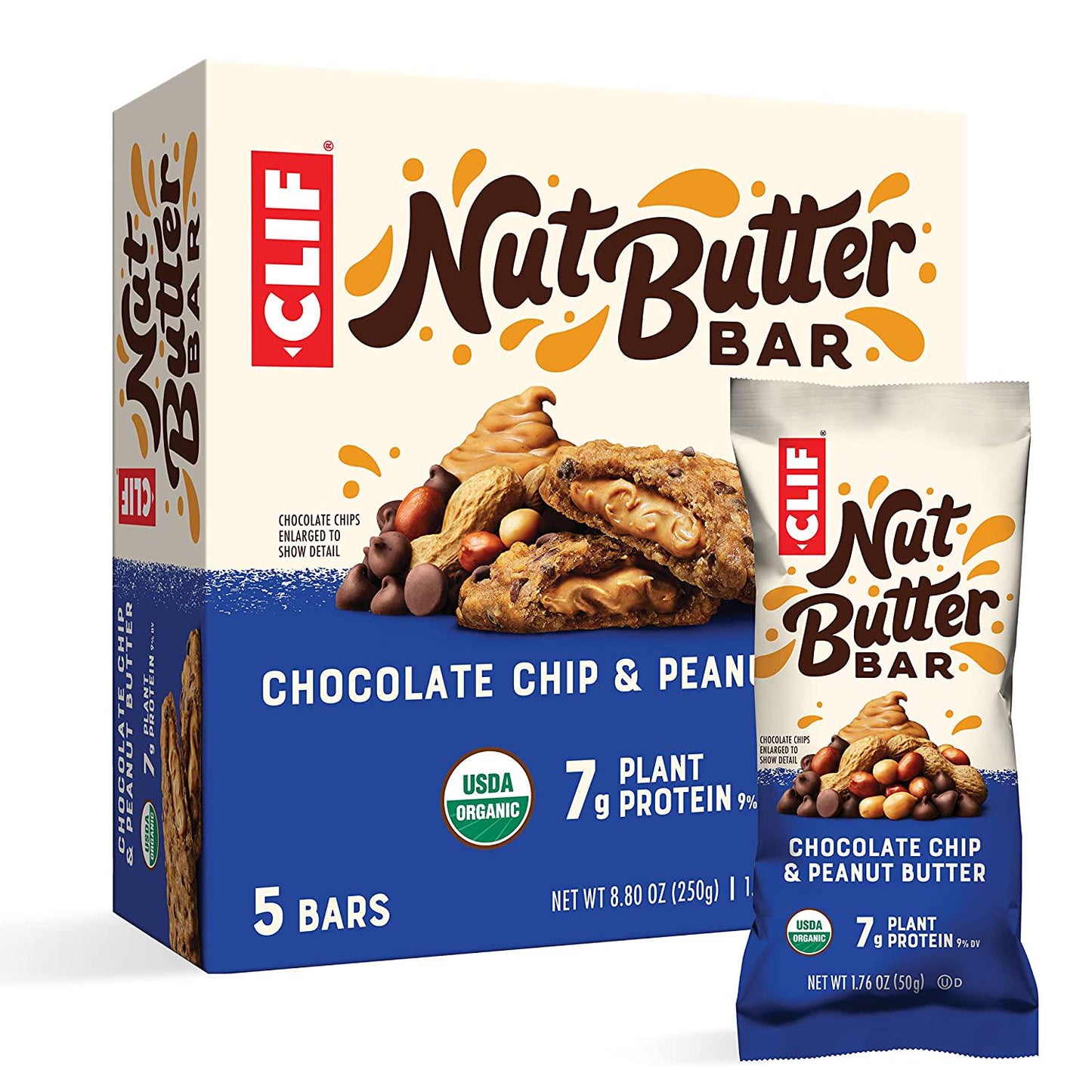 CLIF Nut Butter Bar - Organic Snack Bars - Chocolate Chip Peanut Butter - Organic - Plant Protein - Non-GMOÂ (1.76 Ounce Protein Snack Bars, 5 Count)